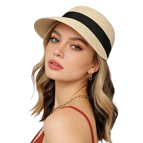 Wildarms Womens Packable Straw Visor Sun Beach Cap - color: Beige