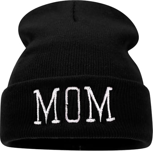 Letter Embroidered Beanie Hat Thanksgiving Gift Cuffed Skull Cap Knit Winter Warm Watch Hats for Women, Men - color: Mom Embroidered Black Hat