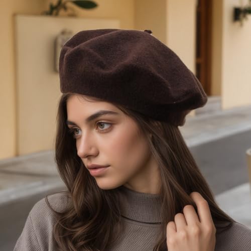 French Beret Hats for Women - Classic Wool Beret Hats Soft Knit Winter Cloche for Daily Outfits - color: Brown