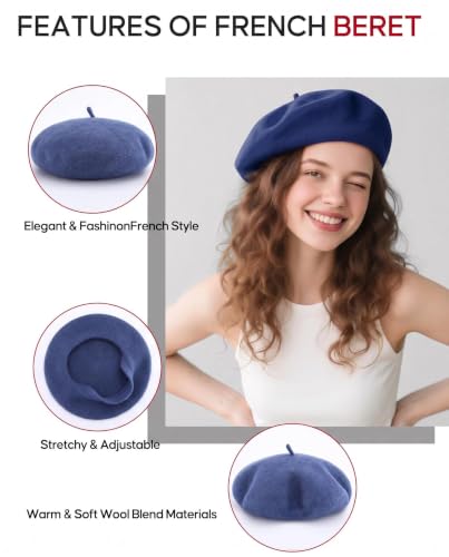 French Beret Hats for Women - Wool Solid Color Beanie Cap - color: Navy Blue