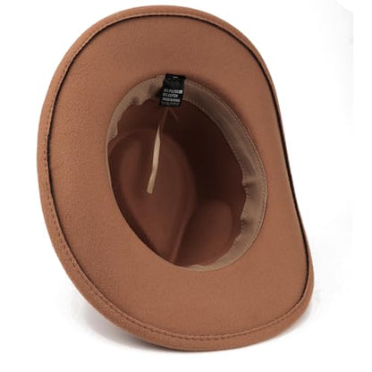 DRESHOW Women Men Classic Felt Wide Brim Western Cowboy & Cowgirl Cap Belt Buckle Retro Panama Hat Unisex Rolled up Caps - color: 1 Pack Style 1: Brown (Hat Circumference: 22-22.8")