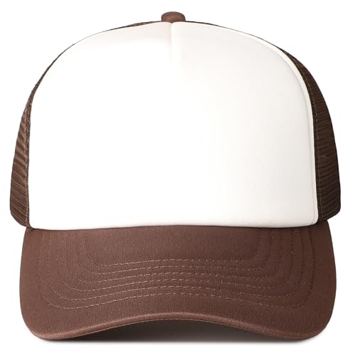 MIRMARU 5 Panels Blank Foam Front Two Tone Solid Trucker Mesh Back Baseball Cap with Adjustable Snapback Strap - color: Two Tone-dark Brown/White