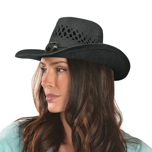 Boho Hip Cowboy Hat with Heart Concho, Natural Toyo Straw, Shapeable Brim - color: Black
