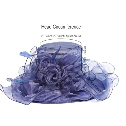 Women Oganza Sun Hat Church Wide Brim Wedding Formal Fascinator Hat - color: Navy