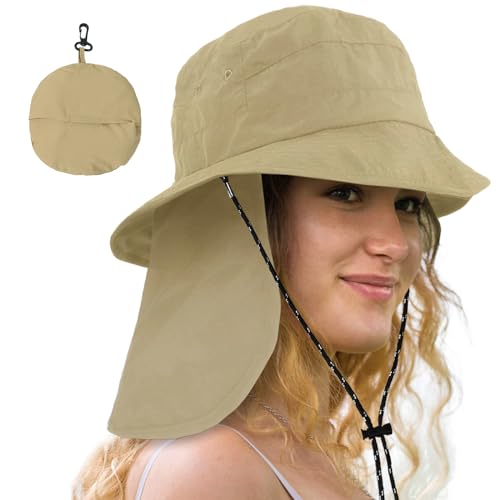 Waterproof Sun Rain Hat for Women Wide Brim UPF50+ UV Protection Packable Men Bucket Safari Fishing Hat with Neck Flap - color: Khaki