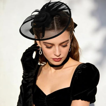 Ondder Tea Party Fascinator Hat for Women Clip and Headband for Tea Party, Wedding, Church and Cocktail Events - color: Black