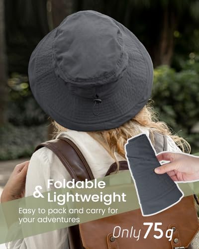 Bucket Sun Hat for Women, UPF 50+ Wide Brim, Packable, Waterproof Rain Hat for Hiking Outdoor Travel - color: Dark Grey