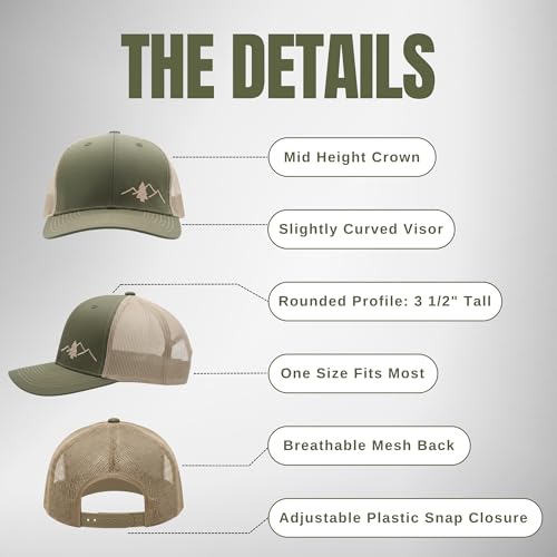 LINDO Trucker Hat [ Great Outdoors Design ] for Men and Women: Mid Profile Cap with Breathable Mesh Back and Adjustable Snap - color: Green/Beige