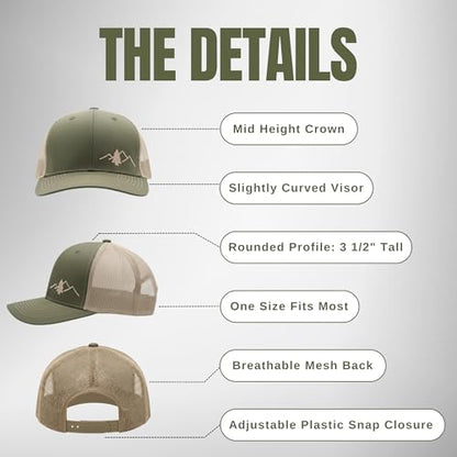 LINDO Trucker Hat [ Great Outdoors Design ] for Men and Women: Mid Profile Cap with Breathable Mesh Back and Adjustable Snap - color: Green/Beige