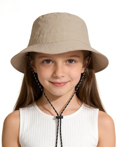 Kids UPF 50+ Waterproof Sun Hat, Packable Wide Brim Bucket Hat - color: Khaki