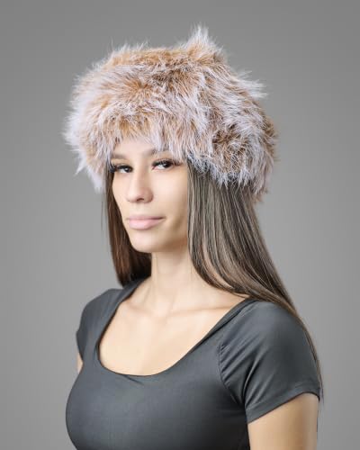 DLNYC Women’s Faux Leather Winter Hat with Faux Fur Trim, Soft Lined Cap with Hanging Cords & Pom-Poms, Warm Stylish Hat - color: Camel & Crystal
