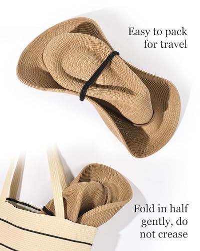 FURTALK Cowboy Sun Hats for Women Men Western Cowgirl Hats with Wind Lanyard Beach Hat - color: Khaki, size: Medium-Large