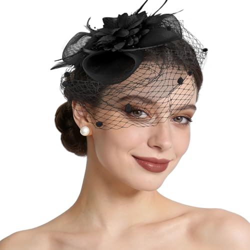 Semato Fascinators Hats for Women Mesh Feathers Elegant Black Tea Party Kentucky Hat Derby Headband with Hair Clip - color: Black