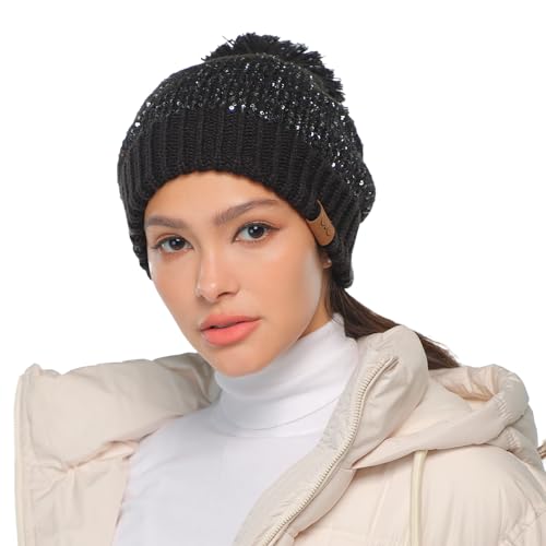 C.C Sequin Pom Beanie for Women - Acrylic Stretchable Soft Warm Knit Winter Skully Hat with Yarn Pom - color: Sequin-black / Black