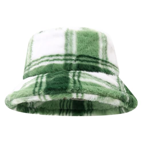 Quanhaigou Winter Faux Fur Bucket Hat,Fuzzy Warm Hat for Women Men, Fluffy Fisherman Cap - color: Plaid Green