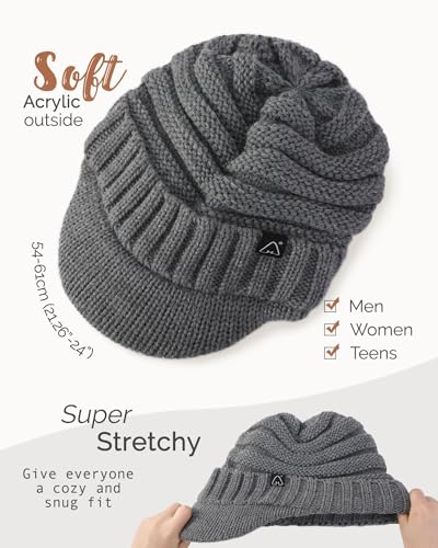 Hat Hut Beanie Hats for Women Men Satin Lined Winter Hats for Women Slouchy Beanies Satin Lined Beanie with Brim Visor - color: Grey Heather