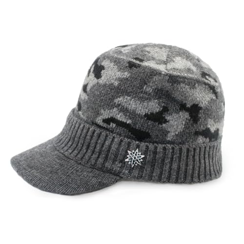 Dahlia Men's Beanie with Visor - Wool, Winter Hat w/Brim, Fleece Lined - color: Camo Gray
