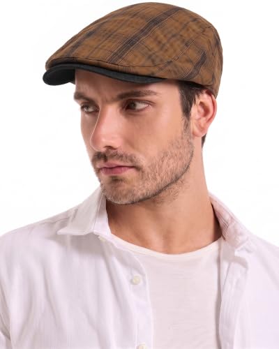 ZLYC Men Summer Flat Cap Scally Ivy Gatsby Newsboy Beret Driver Hat - color: Plaid Brown