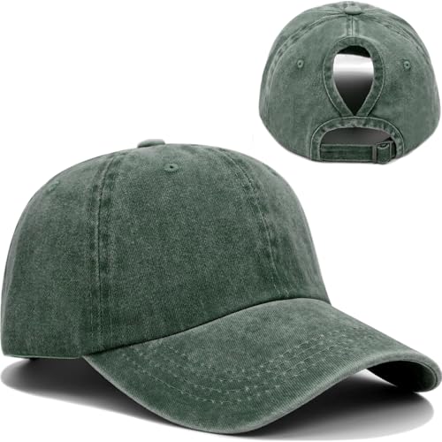 Women Washed Baseball Cap Vintage Blank Hat with Ponytail Hole - color: Army Green