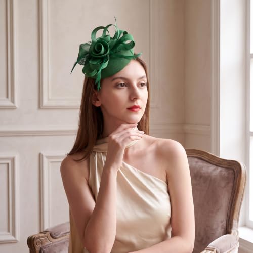 Flower Fascinator Hat Headband Clip for Women Tea Party - color: Green-02
