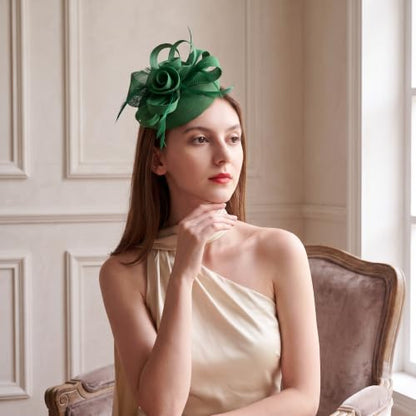 Flower Fascinator Hat Headband Clip for Women Tea Party - color: Green-02