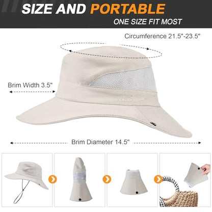 Womens Sun Hat with Ponytail Hole, UV Protection Foldable Beach Fishing Hat - color: Beige
