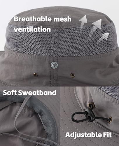 Connectyle UPF 50+ Wide Brim Sun Hat for Men Breathable Cowboy Boonie Hats Outdoor Bucket Hat for Fishing Hiking Safari - color: Dark Grey