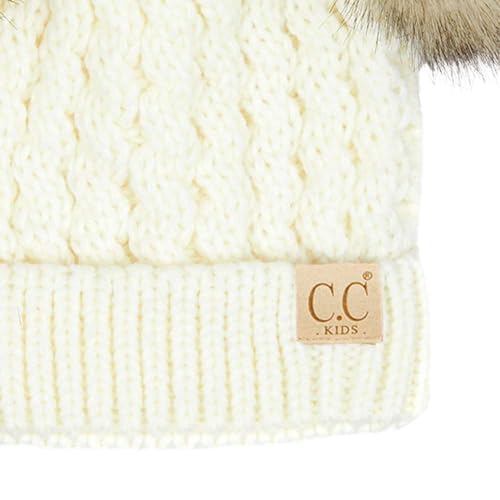 C.C Kids' Cable Knit Double Pom Beanie for Kids - Comfortable Soft Warm Children Skully Hat with Pom - color: Natural Faux Fur Pom Ivory