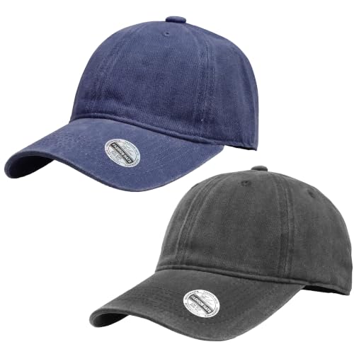 Falari Vintage Washed Cotton Baseball Caps, Original Classic Adjustable Size Low Profile Unconstructed Distressed Dad Hat - color: 2pk - Black & Navy