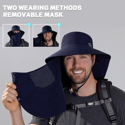 Rosoz Sun Hat for Men Women with Neck Flap& Removable Face Cover Wide Brim - color: 1pack-dark Blue