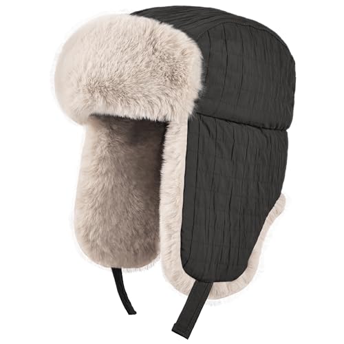 Winter Hat for Men Women Trapper Hat with Ear Flaps, Windproof Russian Trooper Hat for Cold Weather Hunting Skiing - color: Black