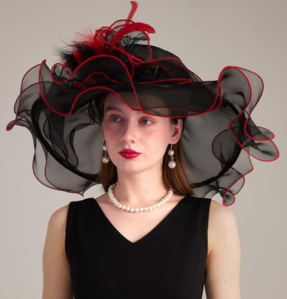 Women Derby Church Hat Organza Flower Wedding Tea Party Fascinator Wide Brim Sun Hat - color: 16-black Red
