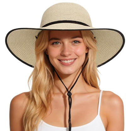 Sun Hats for Women, Summer Wide Brim Straw Beach Hat - color: Beige Black, size: X-Large
