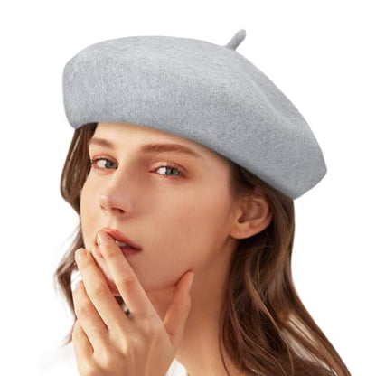 Gllutt Women Wool Beret Hat French Style Solid Color - color: Light Grey