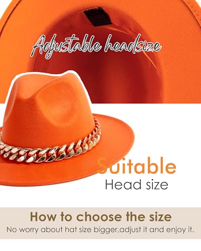 Men & Women Wide Brim Fedora Hat with Chain Buckle - color: Chain Belt-orange