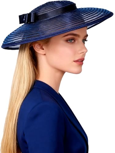 Vintage Fascinators Pillbox Hat for Women Straw Fedora Wide Brim Ladies Church Sinamay Derby Hats - color: Navy
