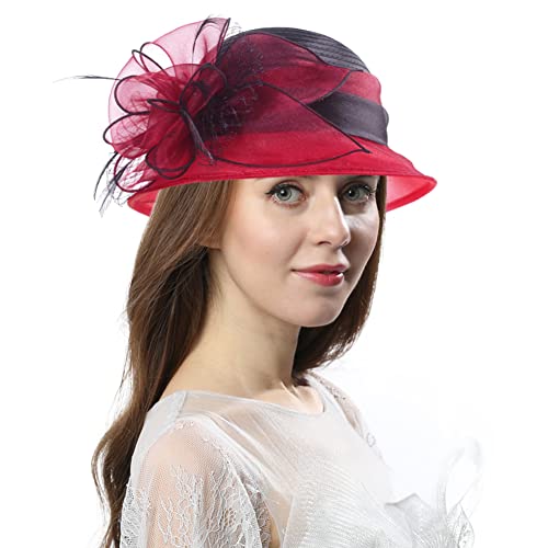 Women Two-Tone Tea Party Dress Bowler Cloche Bucket Derby Church Hat - color: Burgundy
