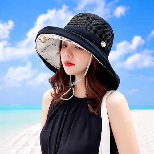 Women Wide Brim Sun Hats Metal Wired Edge Summer UV Protection Beach Fishing Hat for Hiking Garden Travel Chin Strap - color: M9163-black, size: One Size
