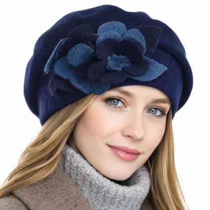 VECRY Lady French Beret 100% Wool Beret Floral Dress Beanie Winter Hat - color: Floral-navy