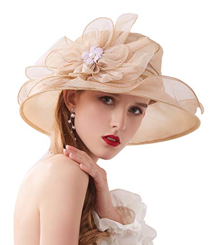 Women's Kentucky Derby Church Dress Hat Wide Brim Leaf Flower Bridal Shower Hat - color: T1 Light Gold