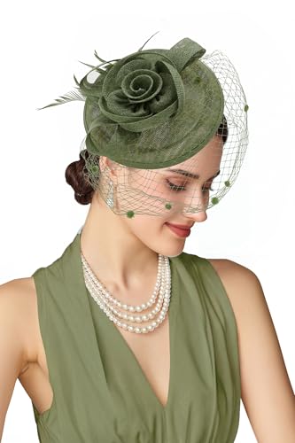 BABEYOND Fascinators Hats for Women Flower Veil Feather Pillbox Derby Hat - color: Sage Green