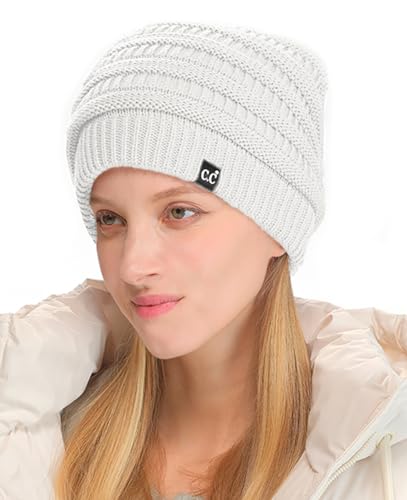 C.C Beanie Oversized Hat with Fuzzy Lining – Thick Knit Thermal Beanie for Cold Weather, Soft Warm Fleece Lined Cap - color: White