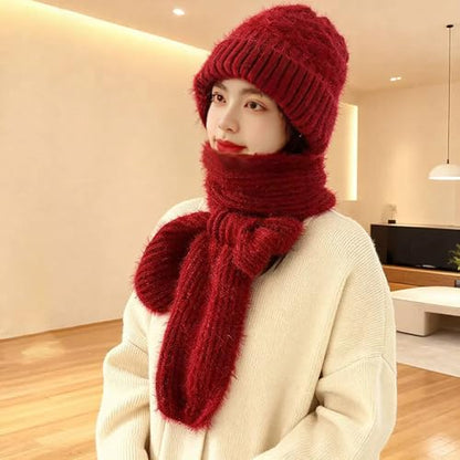 Women Winter Warm Elastic Soft Ear Protection Knitted Scarf Hat Fleece Lined Beanie Hat - color: Red