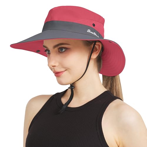 NPJY Ponytail Sun Hats for Women Men Wide Brim UPF Fishing Bucket Hat - color: Watermelon/Grey(ponytail Hole)