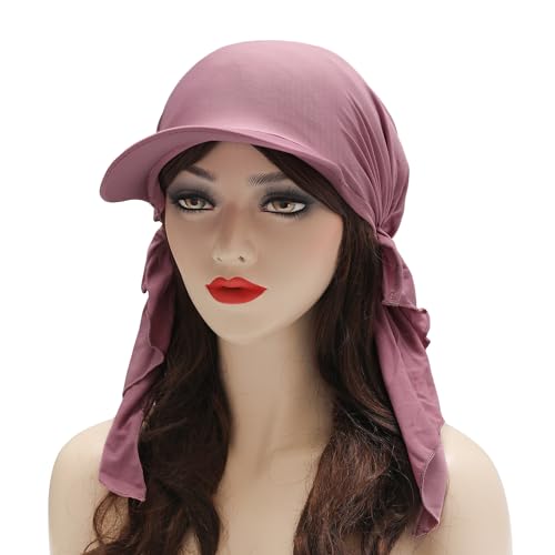 ZLYC Chemo Headwear for Women Brim Visor Head Scarf Pre Tied Headwraps Lightweight Skull Cap - color: Solid Purple White