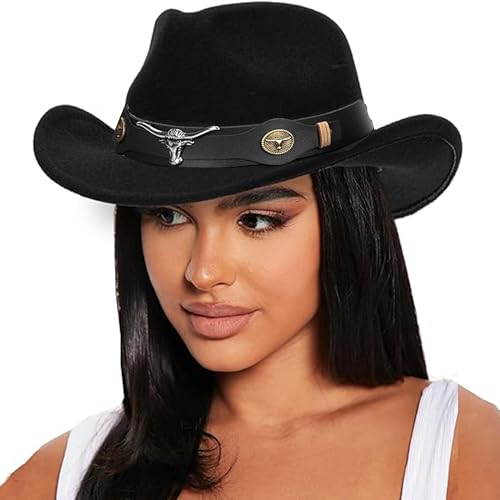 IZUS Women Sparkly-Rhinestone Western-Cowgirl-Hat Glitter-Bling Cowboy-Hat Felt-Rodeo-Hat for Disco-Party Medium/Large - color: Black-s3 Black Bull Strap