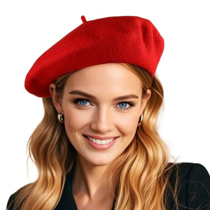 French Wool Beret Hats for Women Man - color: Bright Red