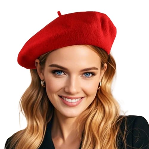 French Wool Beret Hats for Women Man - color: Bright Red