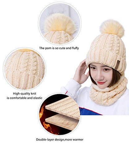 IYEBRAO Womens Winter Knit Beanie Hat and Scarf Set Girls Cute Slouchy Thick Fleece Lined Ski Hat Warm Skull Cap with Pom - color: Beige