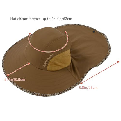 BASSDASH UPF 50+ Unisex Water Resistant Wide Brim Sun Hat with Large Neck Flap Ponytail Fishing Hat for Men Women - color: Caramel/Leopard